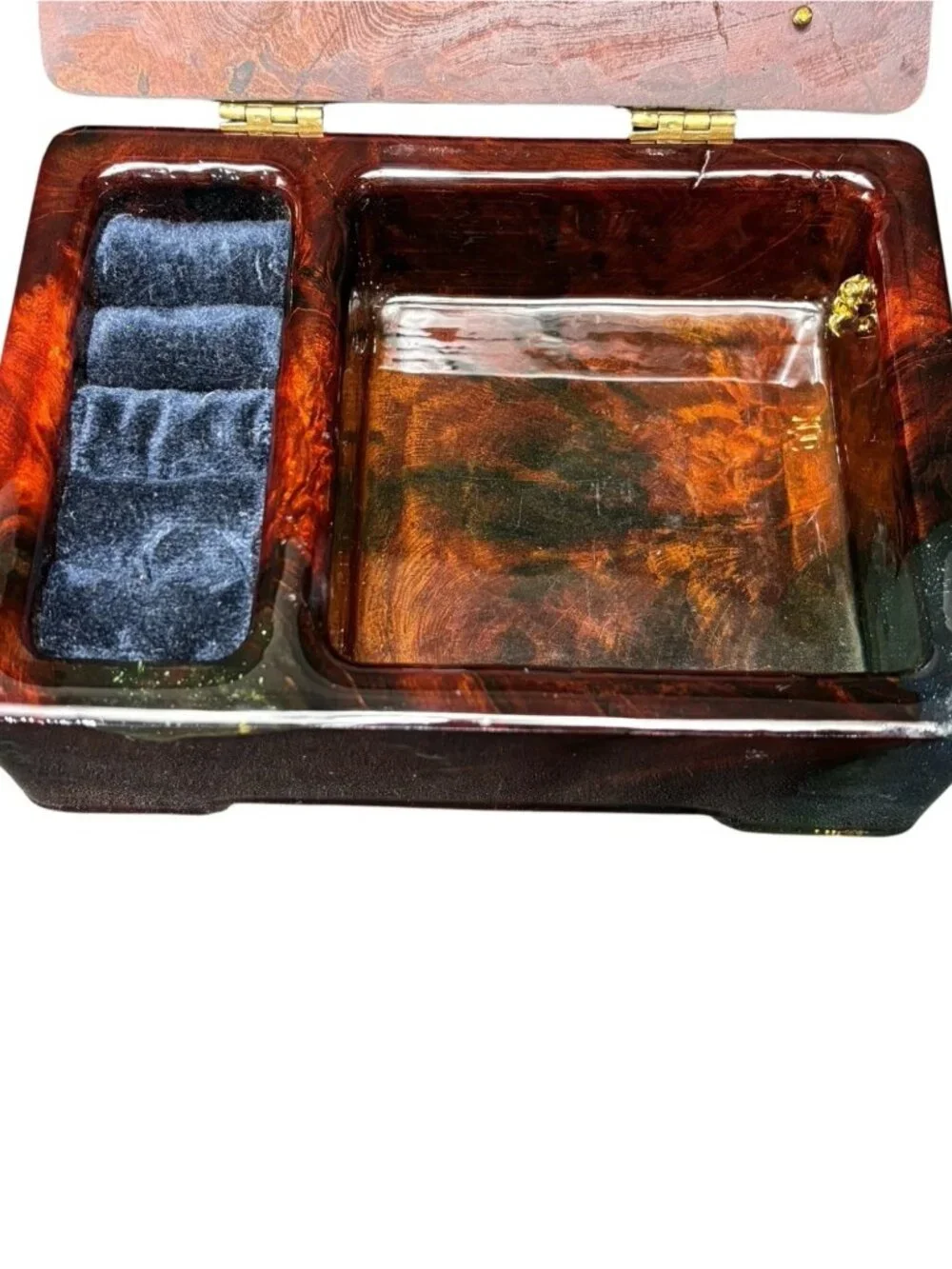 Vintage epoxy jewelry / trinket box featuring a beautiful faux burl wood swirl